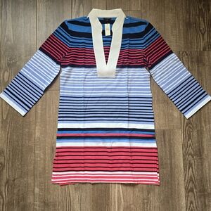 TALBOTS Shirt Womens S Blue Black Red White Cotton V-Neck Striped Tunic Coastal